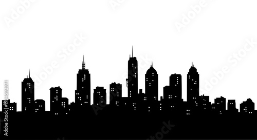 City skyline silhouette with tall buildings and illuminated windows featuring urban landscape, night scene, cityscape
