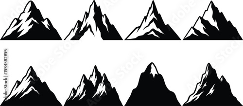 Mountain silhouette illustration, black and white peaks, minimalist mountain art, rocky landscape design, alpine logo element, outdoor adventure symbol, vector mountain set