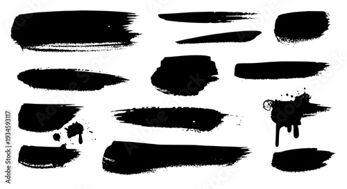 Brush strokes set with black textured paint smears and splatters featuring abstract art, artistic elements, graphic