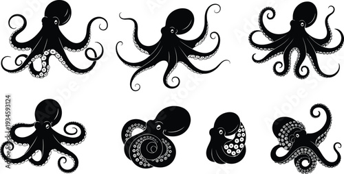 Octopus illustration, marine animal drawing, ocean wildlife art, underwater creature design, black and white octopus graphic, aquatic tentacle artwork, sea life silhouette, marine design