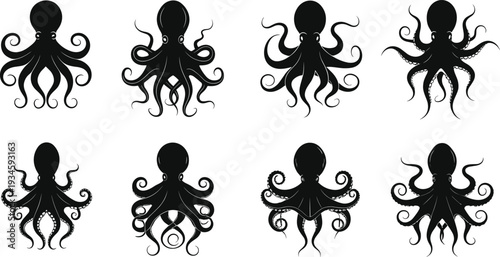 Octopus silhouette, marine animal illustration, ocean wildlife graphic, underwater creature design, black sea life art, aquatic tentacle drawing, abstract marine artwork, ocean design