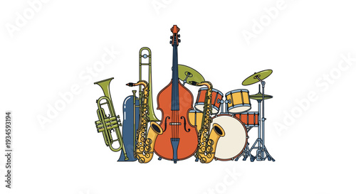 A vibrant collection of jazz and orchestral instruments including a double bass, saxophones, trumpet, trombone, and drum kit are grouped together on a clean white background.