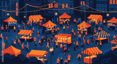 A bustling night market scene features numerous orange-canopied food stalls and many diverse people under festive string lights in a dark urban setting.