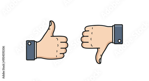 Two disembodied hands with light skin and dark grey shirt cuffs are displayed against a plain white background, one giving a thumbs-up and the other a thumbs-down.