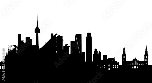 Skyline cityscape with modern and historical buildings silhouetted featuring urban, silhouette, city with architecture