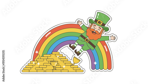 Vector arc leprechaun sliding down a rainbow into gold pot representing financial growth and Saint Patricks Day