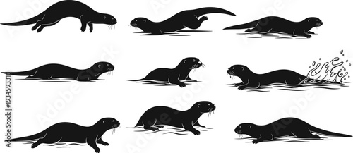 Otter silhouette illustration, wild animal vector, aquatic mammal design, playful otter poses, wildlife clipart, nature drawing, black silhouette art