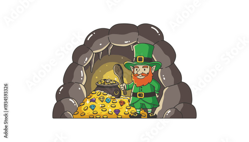 Vector arc leprechaun guarding treasure in dark cave for wealth accumulation finance security and Saint Patricks Day