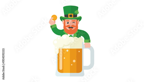 Vector arc leprechaun popping out of giant beer mug celebrating Saint Patricks Day festival and Irish hospitality