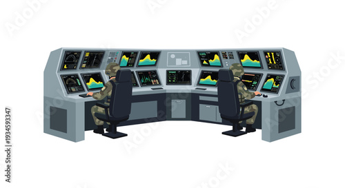 Two uniformed soldiers are seated at a large, curved control console, each monitoring multiple glowing screens displaying various data and charts on a white background.