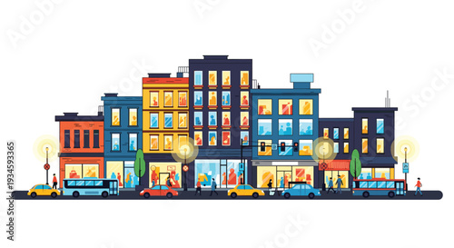 A vibrant street scene depicts eight colorful buildings with storefronts, two buses, two cars, and numerous pedestrians walking on sidewalks.