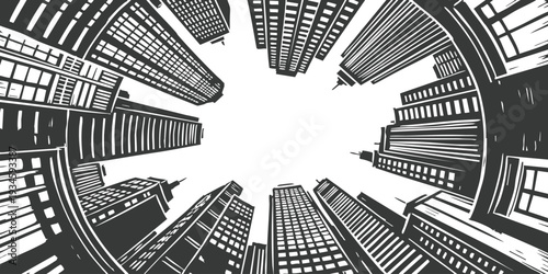 Detailed hand drawn sketch of circular fisheye perspective looking up at modern city skyscrapers vector background