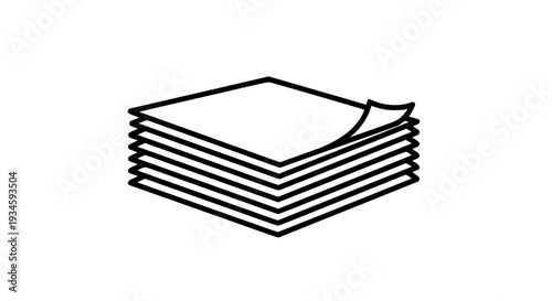 Paper stack icon with curled corner and black outline featuring document, office, paperwork with files and organization