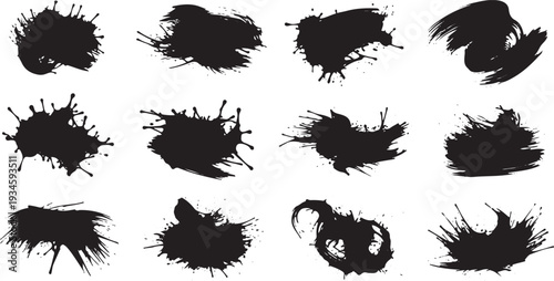 Black Ink Splatter and Brush Stroke Collection on White Background