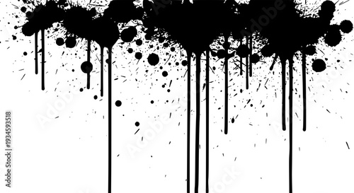 Splatter grunge border with dripping black ink and paint splatters in a chaotic pattern featuring drip, drops, stain