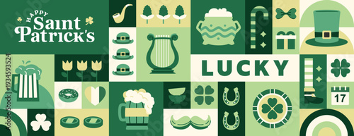 Happy St. Patrick's Day geometric green poster with horseshoe, clover, gold coin, leprechaun hat.