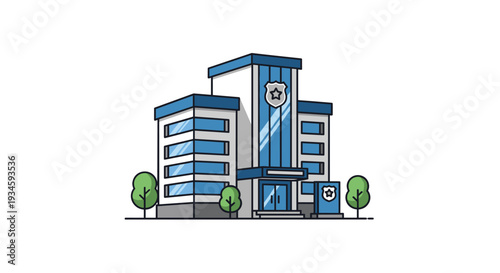 A modern, multi-story police station building with blue windows and two small green trees stands centrally on a clean white background.