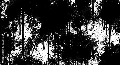 Trees forest with black silhouettes and white splatters featuring grunge, abstract, nature with landscape and woods