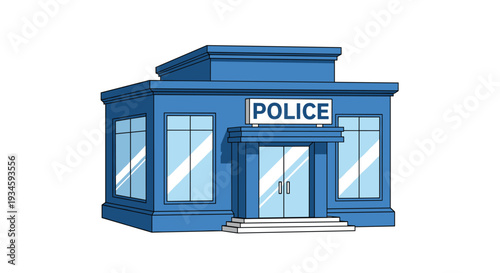 A single-story blue police station building with a POLICE sign above the entrance is shown from an angled perspective on a clean white background.