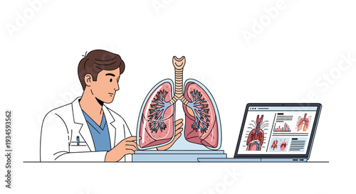 A male doctor in a white lab coat is seated, carefully examining a 3D model of human lungs next to a laptop displaying medical data on a white background.