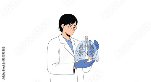 A female doctor in a white lab coat and blue gloves stands holding a transparent 3D model of human lungs containing green plant elements on a white background.