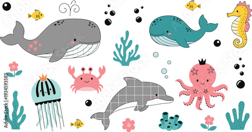 Cute Cartoon Sea Animals Collection with Whale Dolphin Octopus Jellyfish Crab and Seahorse Vector Illustration Set