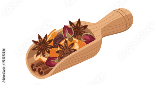 A rustic wooden scoop is filled with an aromatic assortment of star anise, dried orange slices, cinnamon sticks, and small rosebuds on a white background.