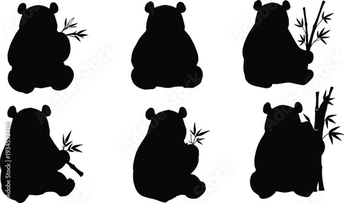 Panda silhouette, bamboo eating panda, black panda icon, cute animal vector, wildlife illustration, Asian bear, nature clipart, zoo graphic