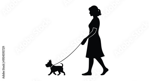 A black silhouette of a woman in a dress walking a small terrier-like dog on a leash is depicted on a white background.
