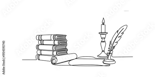 A simple black and white line drawing depicting a stack of books, a rolled scroll, a candlestick, and a quill pen. Vector, illustration