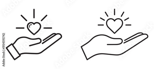 minimalist black line icon, open palm with small heart and rays emanating like kindness spreading, thin outline only,