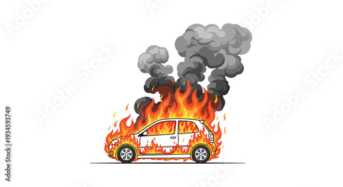 A cartoon illustration shows a small white hatchback car completely engulfed in intense orange flames and thick black smoke.