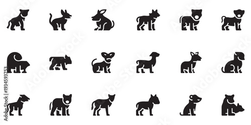 Set of fifteen stylized black dog icons, isolated on a white background, representing various breeds