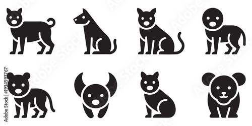 Collection of eight charming black dog icons, featuring various breeds and poses on white background