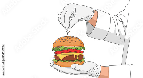 A chef's gloved hands are meticulously sprinkling sesame seeds onto the top bun of a freshly assembled hamburger against a clean white background.