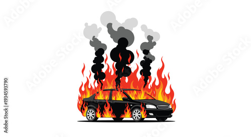 A black sedan car is intensely burning with bright orange flames and dark smoke billowing upwards against a clean white background.