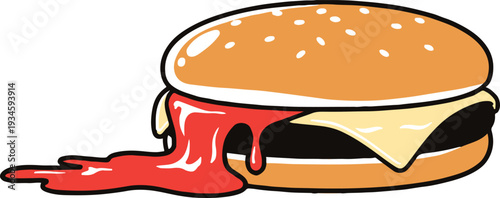 Burger dripping ketchup and cheese isolated on white graphic style