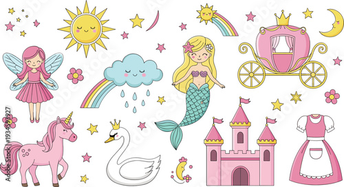 Cuadro en lienzo Cute Fairy Tale Cartoon Set with Princess Mermaid Unicorn Castle and Magic Eleme