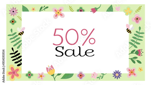 Garden themed sale design with blooming flowers and 50 off discount