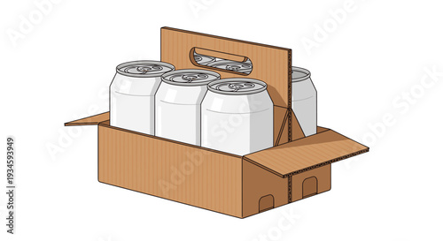 Six unbranded silver beverage cans are contained within an open brown cardboard six-pack carrier with a central handle on a white backdrop.