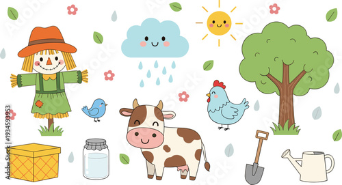 Cute Farm Elements Cartoon Vector Illustration Set with Cow Chicken Scarecrow Tree and Gardening Tools