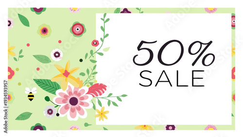 Colorful floral sale banner with 50 discount and mixed garden flowers