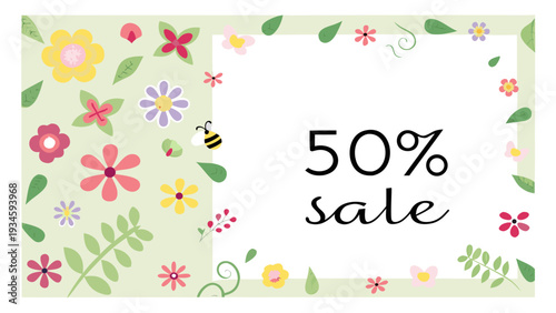 Colorful floral vector sale banner with 50 off text and scattered flowers