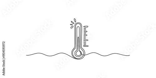 A continuous line art drawing of a thermometer showing high temperature, representing heat or fever. Vector, illustration