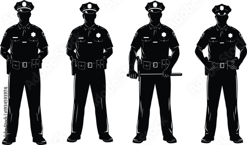 Police officer silhouettes standing in uniform, law enforcement authority, security patrol, public safety, teamwork, discipline, justice, protection, authority figures, crime prevention