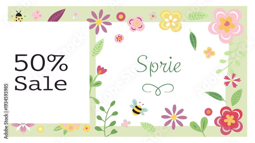 Colorful spring garden vector with blooming flowers and leafy border