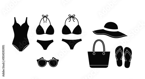 Various black silhouette icons of beach essentials including swimsuits, a sun hat, sunglasses, a beach bag, and flip-flops are displayed.