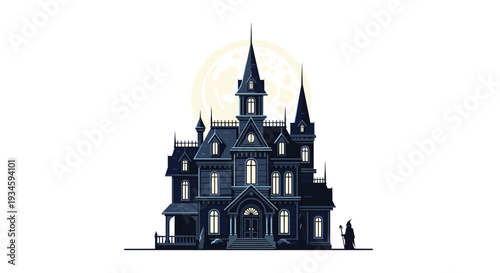A grand gothic mansion with multiple spires and yellow windows stands before a full moon, accompanied by a wizard figure.