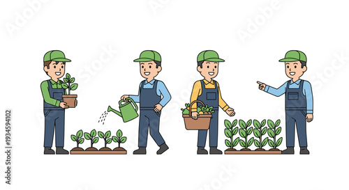 Four cartoon male farmers in green caps and blue overalls are actively engaged in planting, watering, harvesting, and inspecting crops on a white background.