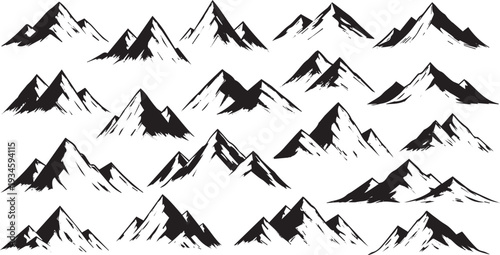 Collection of Black Ink Mountain Silhouettes on White Background